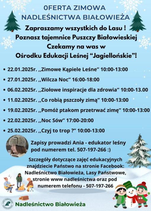 Plakat&#x20;przedstawia&#x20;zimową&#x20;ofertę&#x20;Nadleśnictwa&#x20;Białowieża